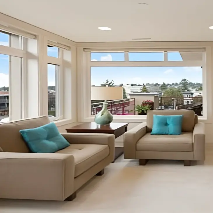 Bright living room with large windows and beige sofas