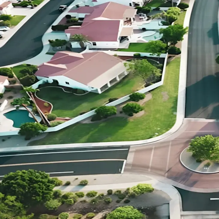 Aerial view of a residential neighborhood