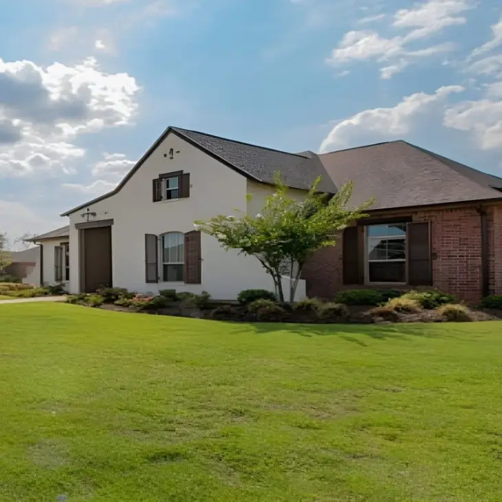 Single-family brick home with a large front lawn